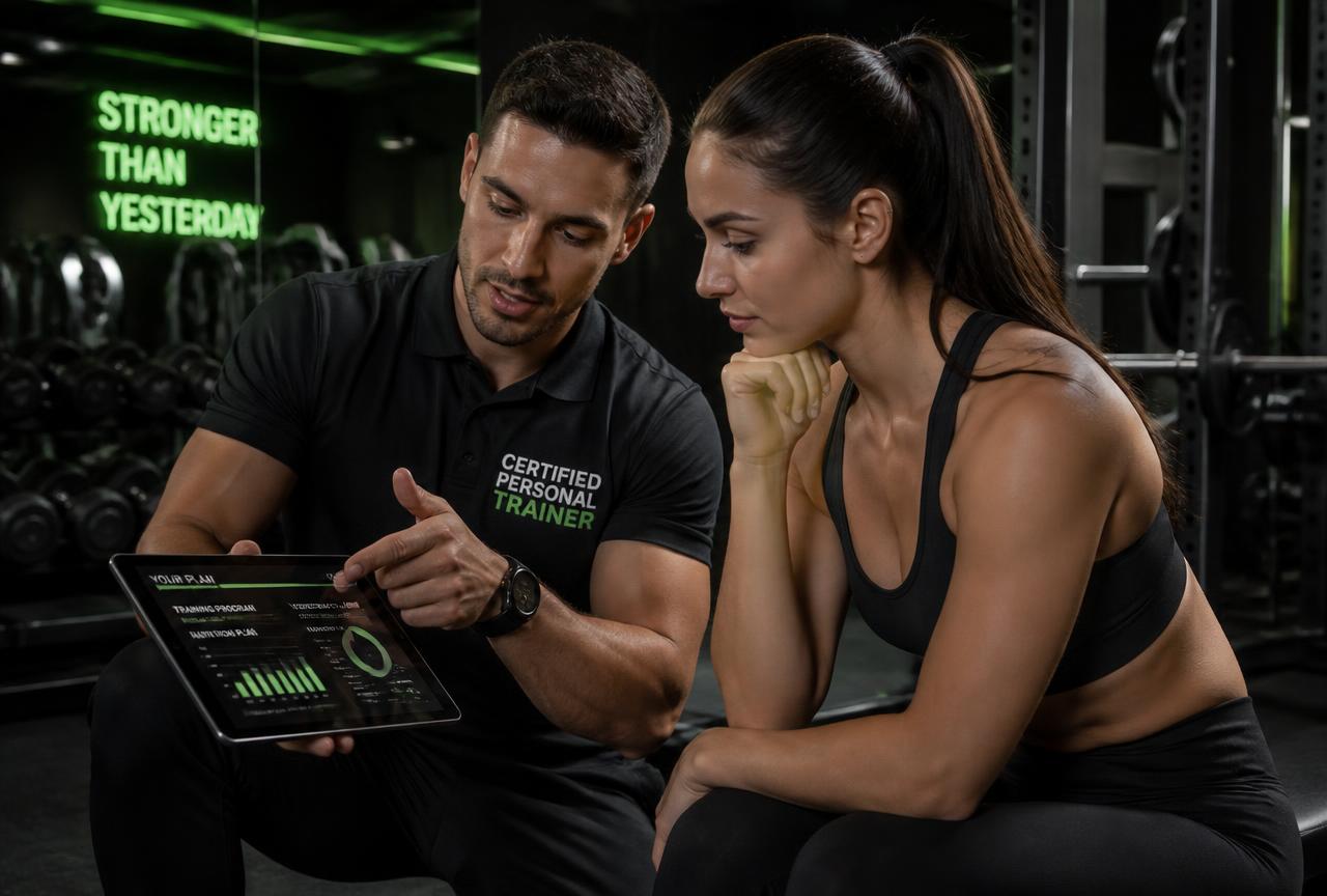 Certified personal trainer reviewing a goal-based plan with a member